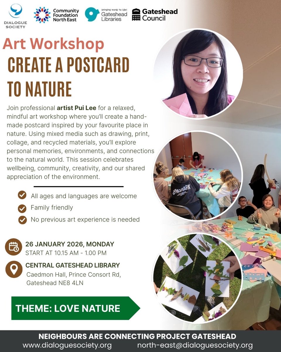 Nature-Inspired Creative Workshop with Pui Lee as Part of Neighbours Are Connecting Project - Gateshead  🎨
Explore the beauty of nature through creative art! Guided by artist Pui Lee, participants will experiment with colors, textures, and patterns to make their own imaginative