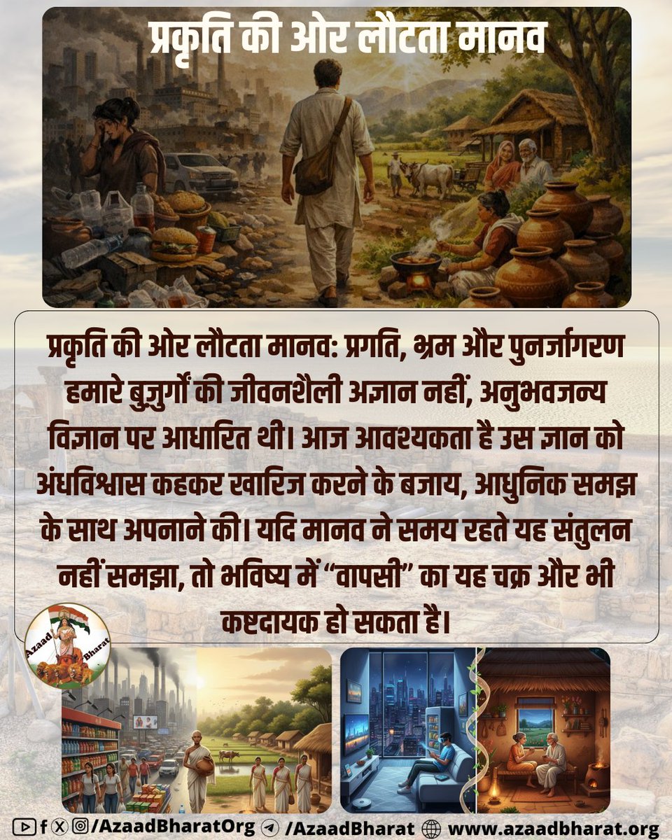 AzaadBharatOrg's tweet photo. टेक्नोलॉजी ने जो दिया, उससे बेहतर तो प्रकृति ने पहले से दे रखा था। तकनीक तब सार्थक है जब वह प्रकृति के साथ तालमेल में हो, न कि उसके विरुद्ध। हमारे बुज़ुर्गों की जीवनशैली अज्ञान नहीं, अनुभवजन्य विज्ञान पर आधारित थी।  पूरी पोस्ट पढ़े 👉🏻 https://t.co/WLdYtvwmRR https://t.co/d83kEHxviA