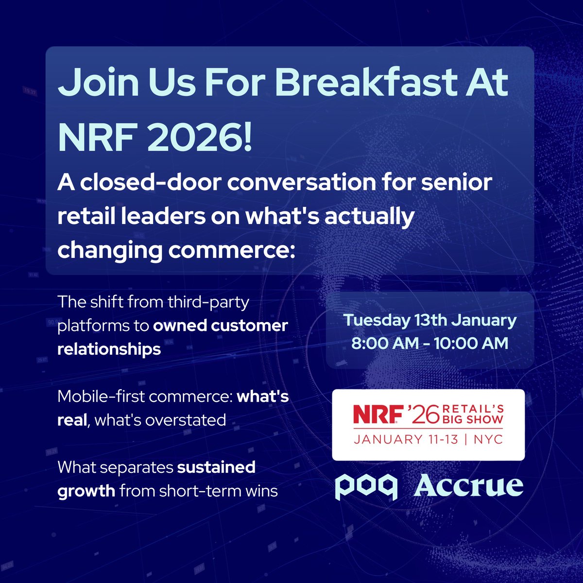 poqcommerce's tweet photo. 💡 Nailing down your #NRF2026 schedule? Join us Tuesday morning for an exclusive breakfast with two retail investors who see patterns across the landscape most operators can't. 

Approval required. Request your spot here: https://t.co/lCuyOBUR4N

Co-hosted by poq and Accrue. https://t.co/3WgTfBwjIG