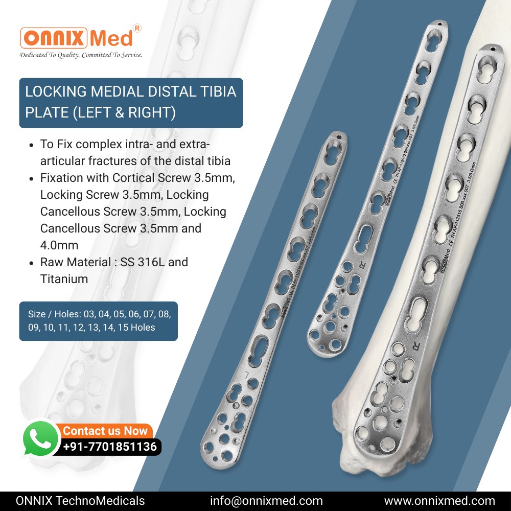 OnnixTechMeds's tweet image. Designed to address complex distal tibial fractures, the Locking Medial Distal Tibia Plate from Onnix Technomedicals offers optimal anatomical fit and strong fixation.
💼 Onnix TechnoMedicals
🌐 onnixmed.com
📞 +91-7701851136
#OnnixTechnomedicals #DistalTibiaPlate