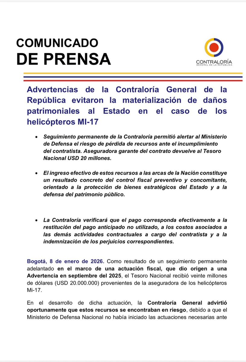 UltimaHoraCR's tweet image. #ECONOMÍA La Contraloría General confirmó que el Tesoro Nacional recibió veinte millones de dólares por el caso de los helicópteros Mi-17. 

“El ingreso efectivo de estos recursos a las arcas de la Nación constituye un resultado concreto del control fiscal preventivo y…