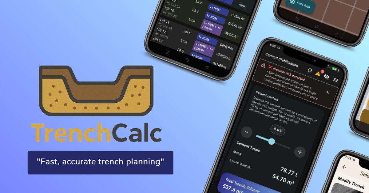 EngSiteTools's tweet image. Introducing TrenchCalc by EngSiteTools.
Calculate trench volumes on-site with support for multiple zones, culvert spacing, and cement stabilization. 

Download coming soon. Follow us for launch updates.
#ConstructionSoftware #Infrastructure #SiteEngineering
