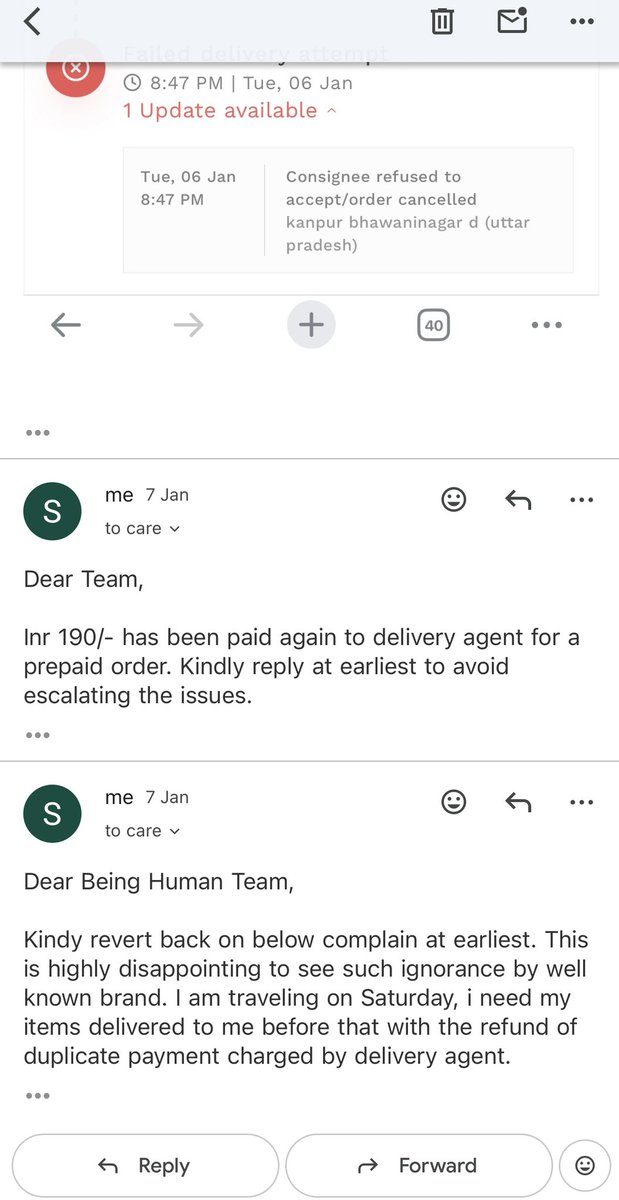salman9889's tweet photo. Delivery agent even collected cash for certain items in the order which was shipped separately. Kindly attached screenshot of emails sent to customer service. @beinghumancloth https://t.co/FTxn8bu8OX