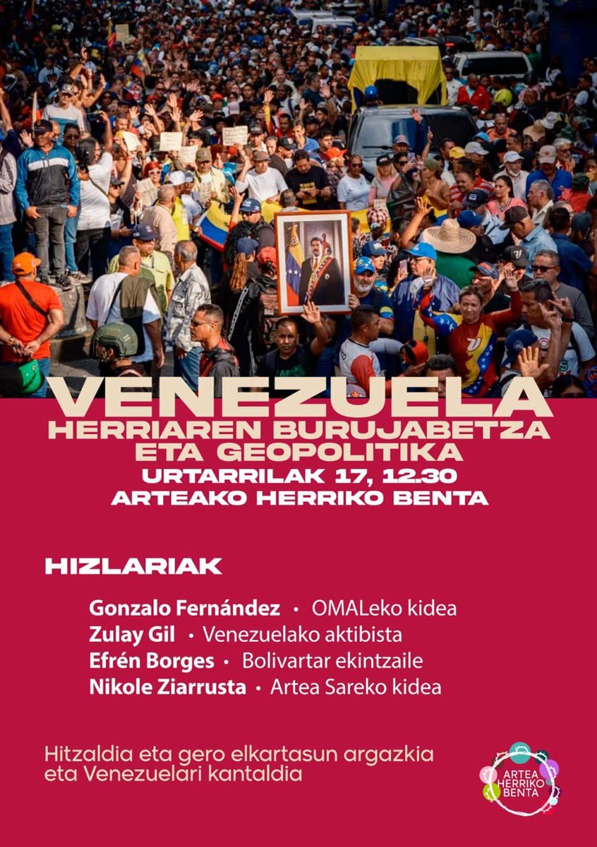 📢 VENEZUELA: BURUJABETZA ETA GEOPOLITIKA 🇻🇪

​🗓️ Urtarrilak 17
12:30ean
📍 Arteako Herriko Benta
