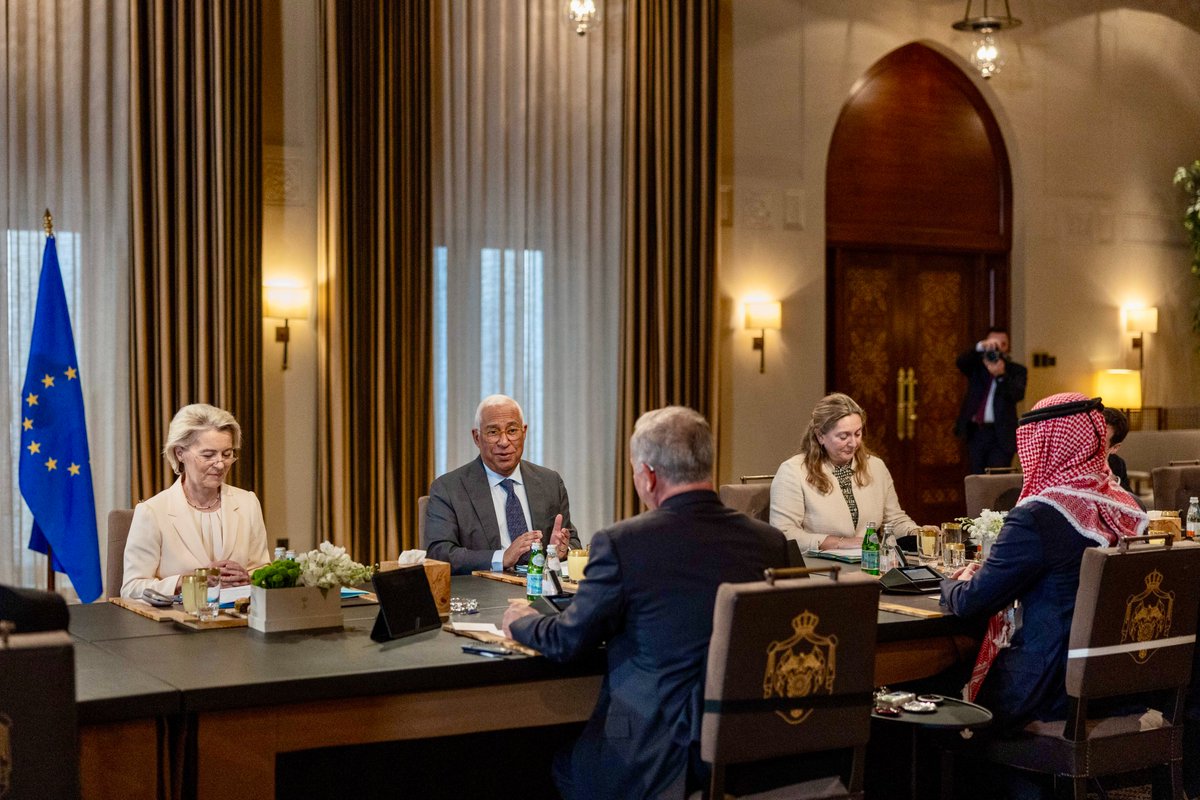 RHCJO's tweet photo. His Majesty King Abdullah II hosts first #EUJordan Summit with the participation of European Council President António Costa and European Commission President Ursula von der Leyen, attended by His Royal Highness Crown Prince Al Hussein https://t.co/SuoSeTDjZF