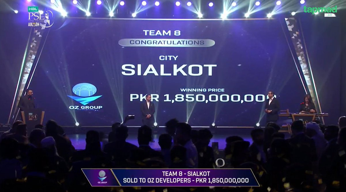 chabdullahzr's tweet photo. Congratulations to OZ Group! 👏

Sialkot wins the bid, completing the #HBLPSL family 🥳

No matter which city wins the bid, it is a win for Pakistan 🇵🇰

#PSLAuction #Sialkot https://t.co/3amgnlc3Sg