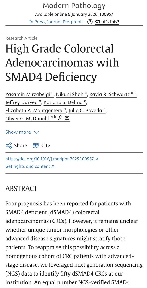 YMirzabeigi's tweet image. I’m thrilled to share that our study on SMAD4-deficient colorectal adenocarcinoma has just been published in Modern Pathology.

Grateful to my amazing mentor Dr. Oliver G. McDonald for his tremendous support 🙏🏻

@ModernPathology @LizMontgomeryMD @UMiamiPathology 

#GIPath #PathX