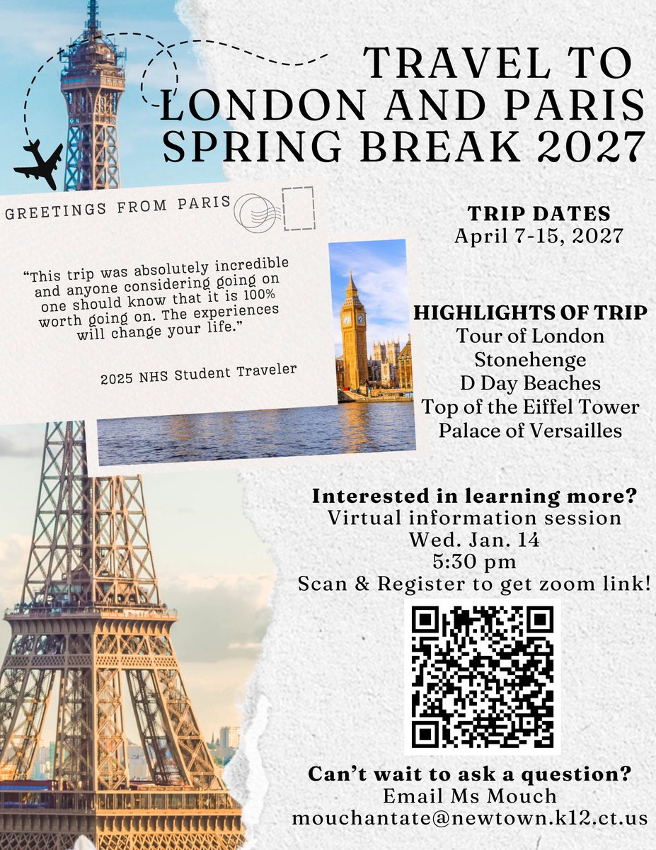 NHS_TWEETS's tweet photo. Spend your April Break next year exploring London and Paris! NHS is organizing a 9 day trip where students can explore these cities with planned activities including a  London Walking tour, climb up Eiffel Tower, taking a French Cooking Class, exploring the D Day Beaches and more https://t.co/fVV7mRISyR