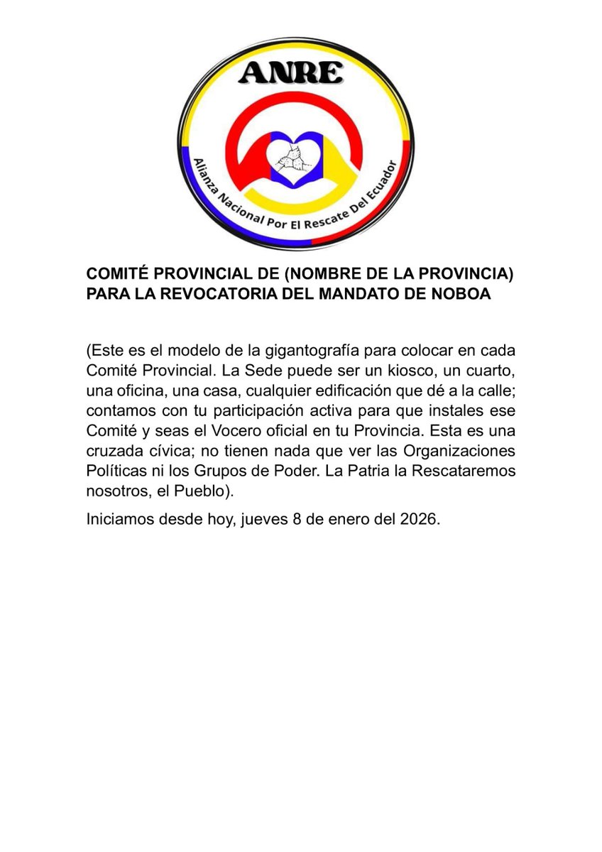 victorhugoerazo's tweet photo. A Rescatar Ecuador del Pésimo Gobierno, por eso, Invitamos a los ciudadanos a abrir, físicamente, los respectivos Comités Provinciales para la Revocatoria del Mandato de Noboa y que sean los Voceros oficiales en cada Provincia. Esta es una cruzada cívica que se autofinanciará. https://t.co/0iVORuGMvK