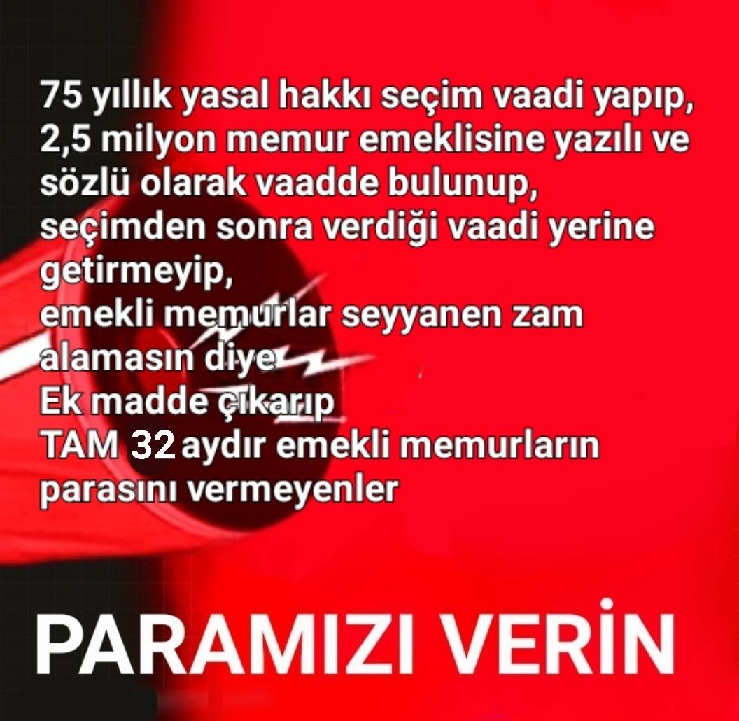 Bora82305579's tweet photo. Memurların 75 yıllık yasal hakkını seçim vaadi yapıp, 
2,5 milyon #MemurEmeklisi'ne  söz verip, seçimden sonra verdiği sözü unutup, 
üstüne bir de #EmekliMemur'lar seyyanen zam alamasın diye ek madde çıkarıp, 32 aydır emekli memurları açlığa mahkum eden #EmekliyiEzeniktidardır ! https://t.co/GYSu6i89M1