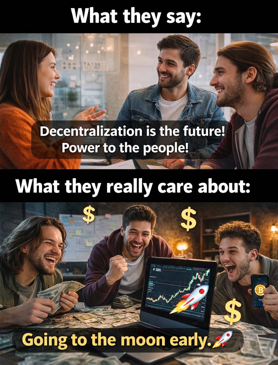 DenwigweU's tweet photo. Most people in crypto don’t care about decentralization.
They care about being early.

If Bitcoin launched today, many would call it slow, outdated, and bad UX.

They didn’t fall in love with the tech.
They fell in love with the chart.

#Crypto #Bitcoin #Web3 https://t.co/cqOQek57AH