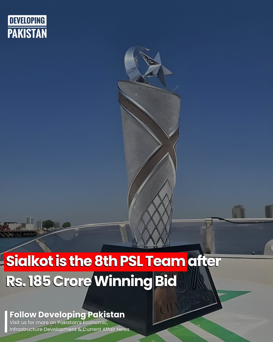 developingpak's tweet photo. #OZDevelopers has secured ownership of the #PakistanSuperLeague’s eighth franchise after submitting the highest bid in the auction process.
The new owners have confirmed that Team 8 will be from #Sialkot.
The company made a winning offer of Rs. 185 crore for Team 8. The bid surpassed the base price of Rs. 170 crore set by league officials
#PSL #PSLAuction #PSLTeamAuction #Pakistan