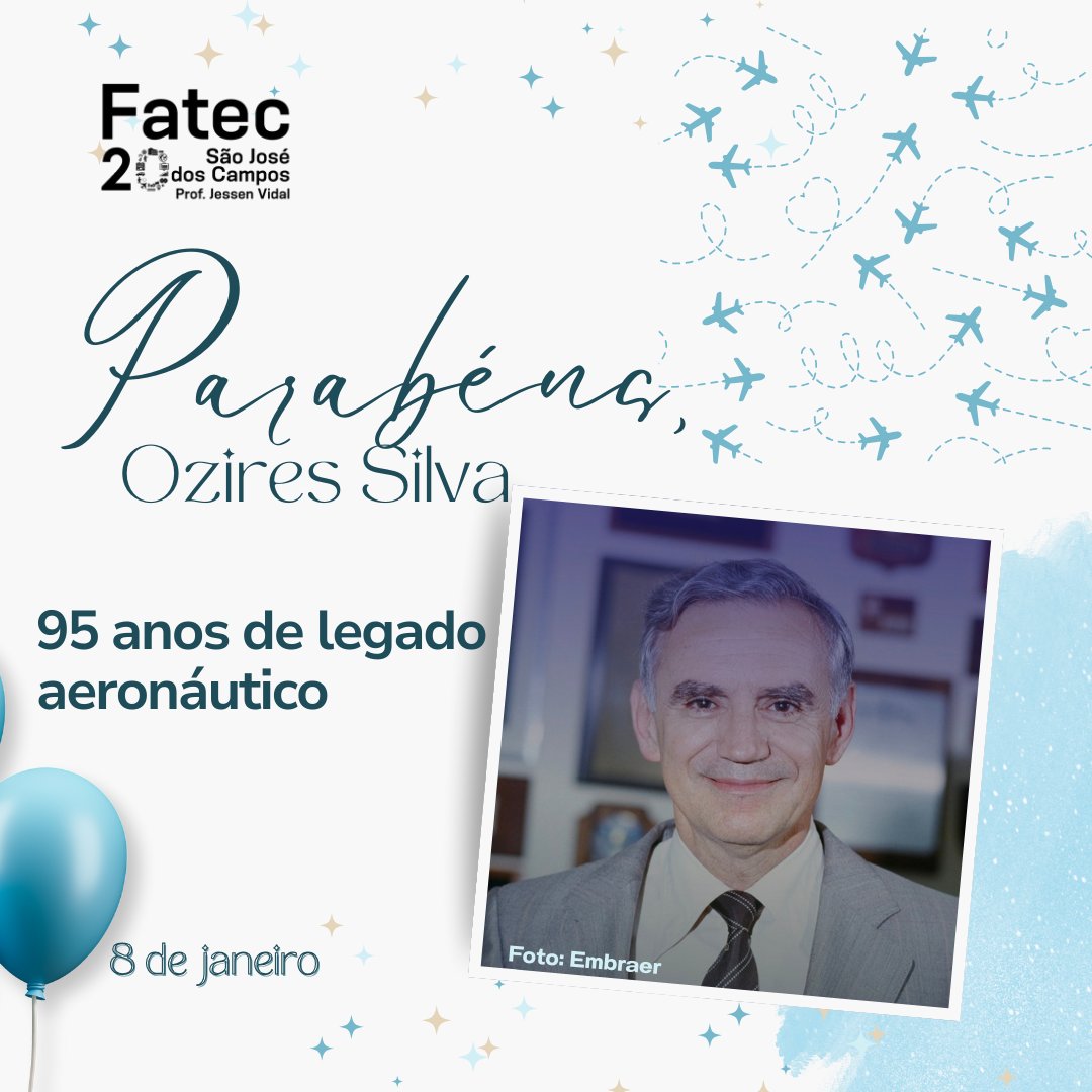 FJessenvidal's tweet photo. 8 de janeiro | Homenagem a Ozires Silva
Neste 8 de janeiro, a Fatec de São José dos Campos – Prof. Jessen Vidal presta homenagem a Ozires Silva, engenheiro aeronáutico, visionário e fundador da Embraer, que completa 95 anos. https://t.co/JGUTCMdShi