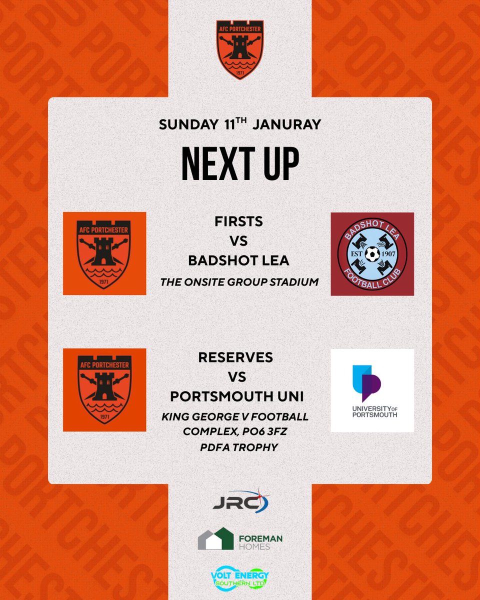 Back in action this Sunday 👇

⚽ Firsts vs Badshot Lea
📍 The OnSite Group Stadium

⚽ Reserves vs Portsmouth Uni
🏆 PDFA Trophy
📍 King George V FC, PO6 3FZ

🌧️ Wet weather expected — keep an eye on our socials for pitch inspection/postponement updates.