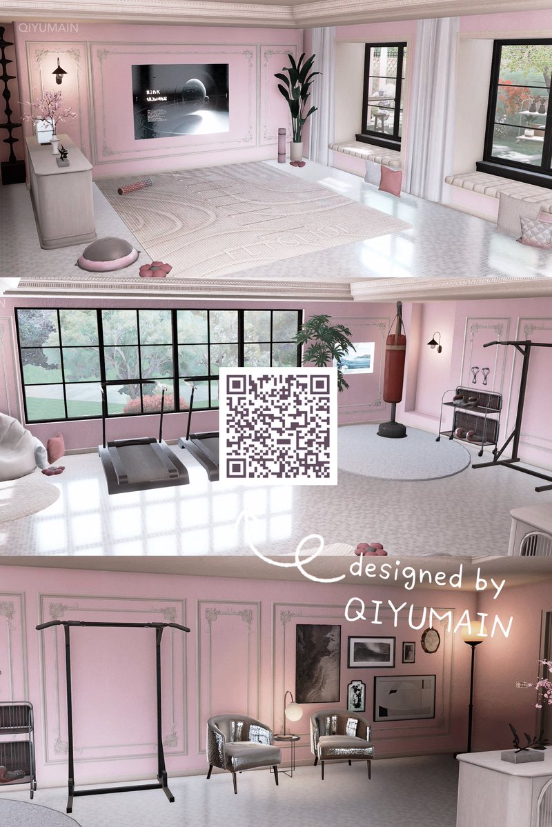 QIYUMAIN's tweet image. okayyy here are two qr’s for the big room with the garden entrance!! the pretty bedroom qr everyone wanted and i included the gym qr too for anyone who wants to go for the default 🥰 PLEASEEEE GIVE ME CREDITS!!!! i will crash out if i see someone steal AGAIN
