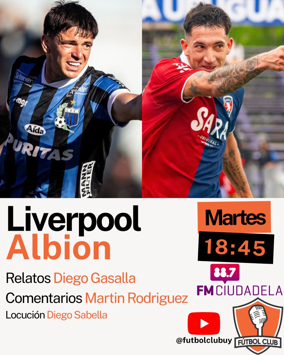 MARTES!
XL de Copa de la @ligaaufuruguaya en <a href="/futbolclubuy/">Fútbol Club</a> por <a href="/fmciudadela/">fmciudadela</a>

🕓 18:45
⚽ <a href="/LiverpoolFC1915/">Liverpool Fútbol Club</a> vs <a href="/albion_uy/">Albion Football Club</a> 

🗣️Relatos <a href="/jjgasalla14/">Diego Nicolas Gasalla</a> 
🗣️Comentarios <a href="/jemartinr/">Martin R</a> 

ESCÚCHANOS EN👇
📻 88.7 FM
📱 Futbolclub.uy
📱 youtube.com/watch?v=KftJwM…