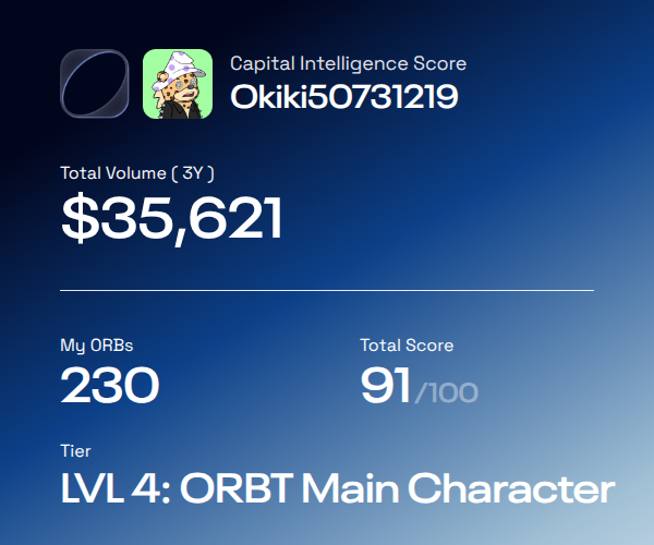 I didn't realize how much I've actually moved on-chain until I saw my <a href="/ORBT_Protocol/">ORBT</a> score.

I got 230 ORBs as a LVL 4: ORBT Main Character with a DeFi strategy score of 91.

Find out yours → defi.orbt.xyz/?referral_code…