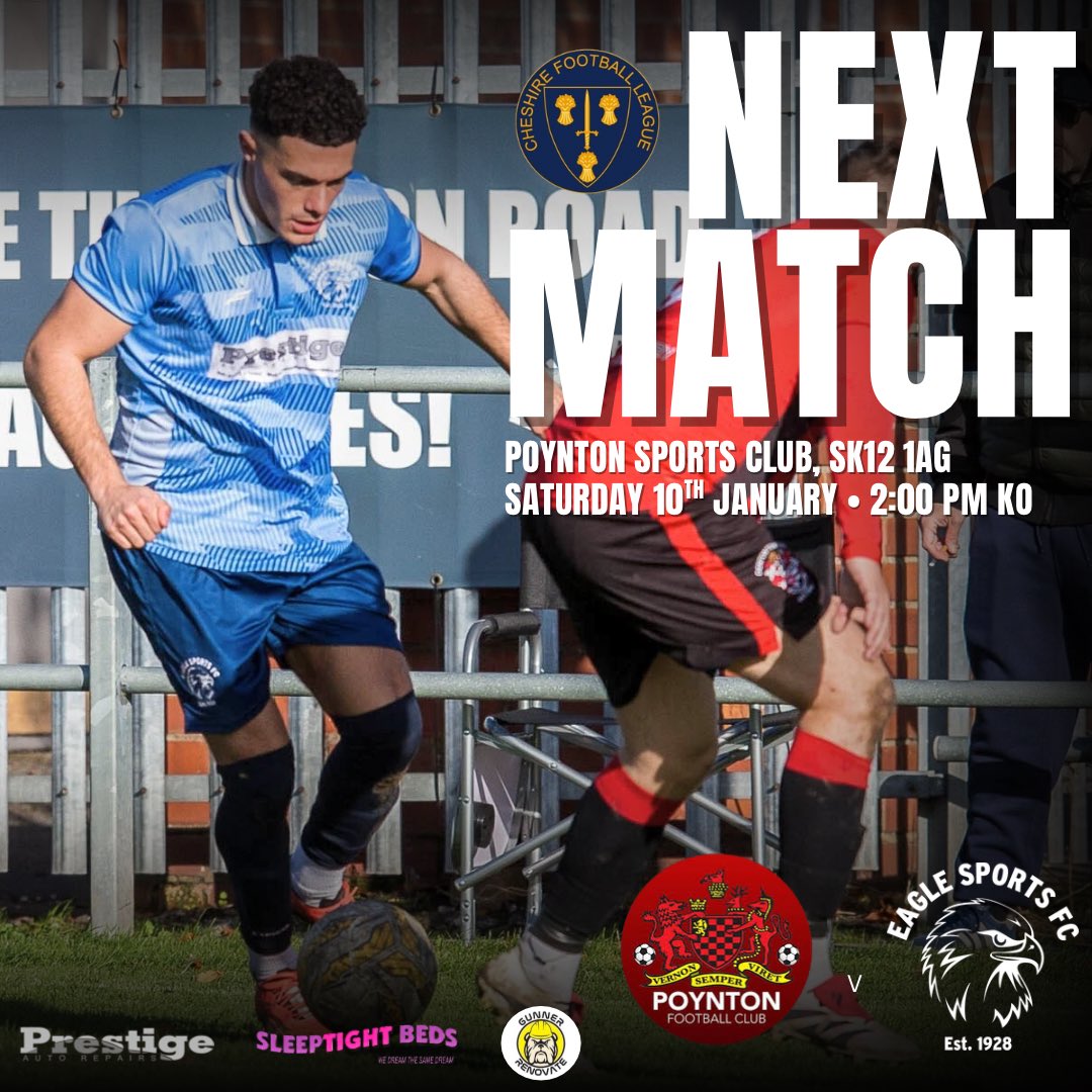 ⚽️ 𝗡𝗘𝗫𝗧 𝗨𝗣 ⚽️

🆚 <a href="/PoyntonFC/">Poynton FC</a> 

📆 Saturday 10th January
🏟 Poynton Sports Club, SK12 1AG
⏰ 2PM Kick Off
🏆 <a href="/CheshireFL/">Cheshire Football League ⚽️</a> Premier Division

#UpTheGulls 🦅