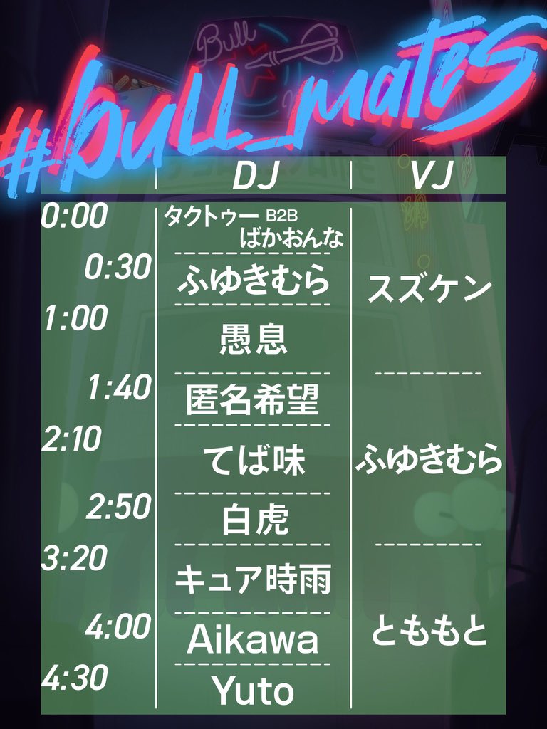 明日開催•━━━━
第12回 #bull_mates 
　1/9 24:00〜
     in 川崎 月あかり夢てらす
　　　　　　　　　━━━━•⚡️⚡️⚡️

タイムテーブル公開！
同い年ゲストに挟まれているので今からとても楽しみだ！！
🕺年始からParty💃

-info-
twipla.jp/events/707371