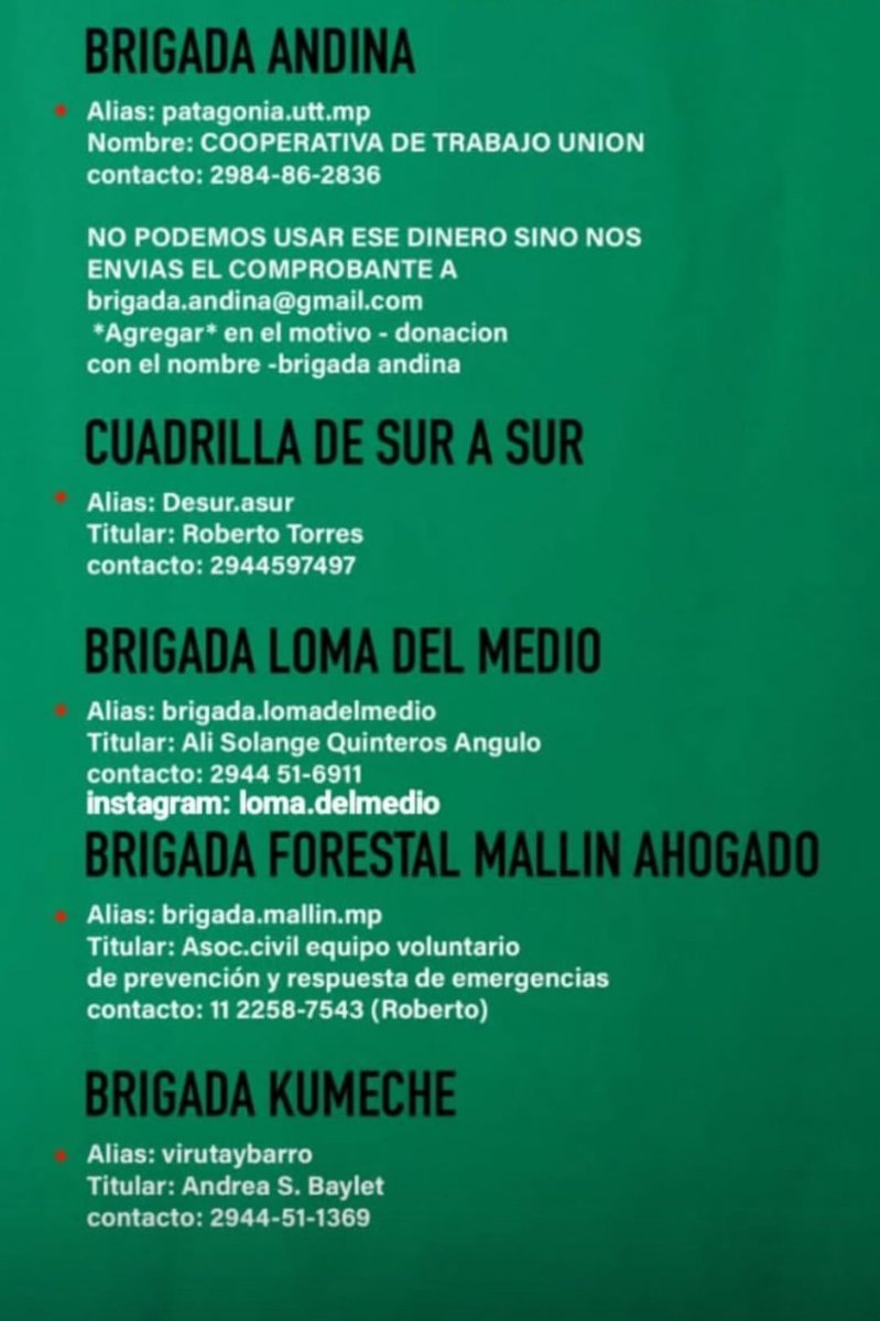 cecamarano's tweet image. 🔥 Incendios en Chubut.
Si querés colaborar y no sabes cómo, un aporte a las brigadas de vecinos suma muchísimo. El dinero se utiliza para comprar motosierras, nafta, calzado y ropa de trabajo, mangueras, bidones de agua, platsul, gotas para los ojos, comida, etc, etc.