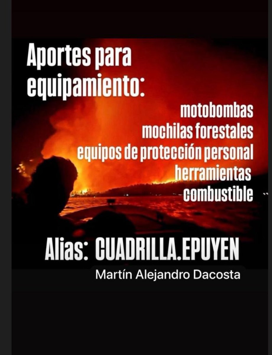 cecamarano's tweet image. 🔥 Incendios en Chubut.
Si querés colaborar y no sabes cómo, un aporte a las brigadas de vecinos suma muchísimo. El dinero se utiliza para comprar motosierras, nafta, calzado y ropa de trabajo, mangueras, bidones de agua, platsul, gotas para los ojos, comida, etc, etc.