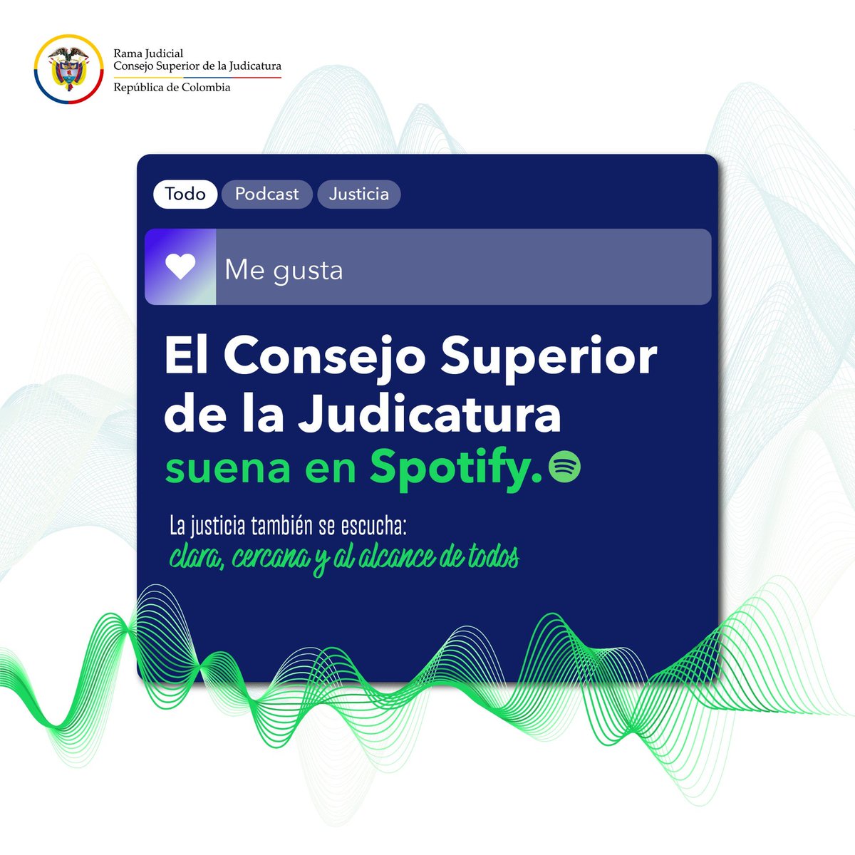 judicaturacsj's tweet image. 🎙️⚖️ El Consejo Superior de la Judicatura está en #Spotify 🎙️⚖️

Un espacio para conocer cómo la justicia se transforma, se acerca a la ciudadanía y fortalece la democracia.

🎧  Encuéntralo aquí y suscríbete👉 acortar.link/siazMt