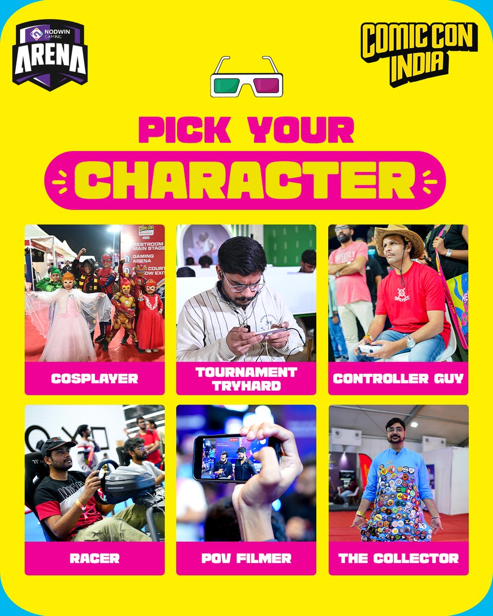 NodwinGaming's tweet image. Cosplay, compete, collect, or just vibe 😌
At NODWIN Arena x Comic Con India, there’s no wrong pick.
So..  which one are you? 🎮✨
👇 Drop your character in the comments

#NGA #ComicConIndia #Chooseyourcharacter #gaming #cosplay