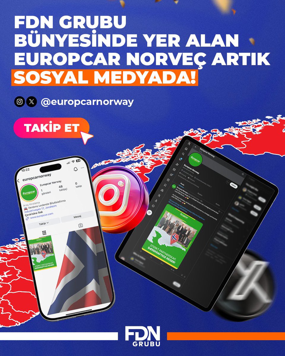 FDN Grubu bünyesinde yer alan Europcar Norveç, artık sosyal medyada da aramızda. 🎊
Yeni pazarlarda büyüyen iş birliklerimizi, güçlü mobilite çözümlerimizi ve yolculuk hikâyelerimizi artık dijitalde de paylaşacağız. 📲

Europcar Norveç'i sosyal medyadan takip etmeyi unutmayın! ✅