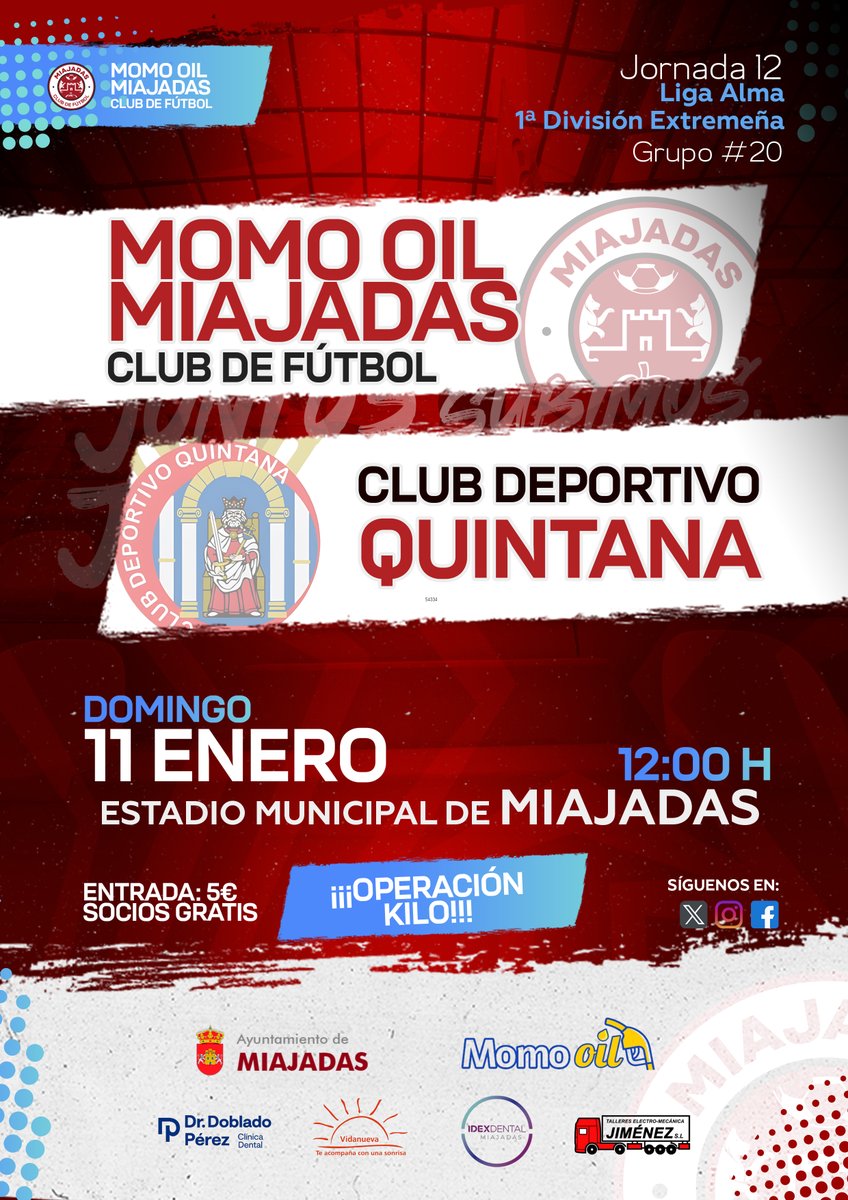 ⚽🔥 JORNADA 12 🔥⚽

📅 Domingo 11 de Enero
🆚 <a href="/CDQuintana2024/">Club Deportivo Quintana</a> 
🏟️ Estadio Municipal de Miajadas
🕛 12:00 h
🎟️ Entrada: 1 Kilo Alimento (si no lo llevas 5€) / Socios gratis (pueden aportar también alimentos)
‼️ Operación Kilo (alimentos no perecederos a favor de Cáritas)