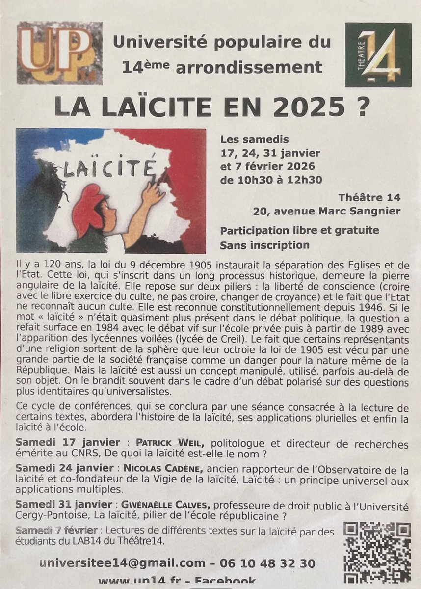 UP14e's tweet photo. Université populaire du 14e ouvre l’année 2026 dès le mois de janvier, avec un cycle sur un thème qui ne laisse personne indifférent, la laïcité. https://t.co/cifB4AdLzX