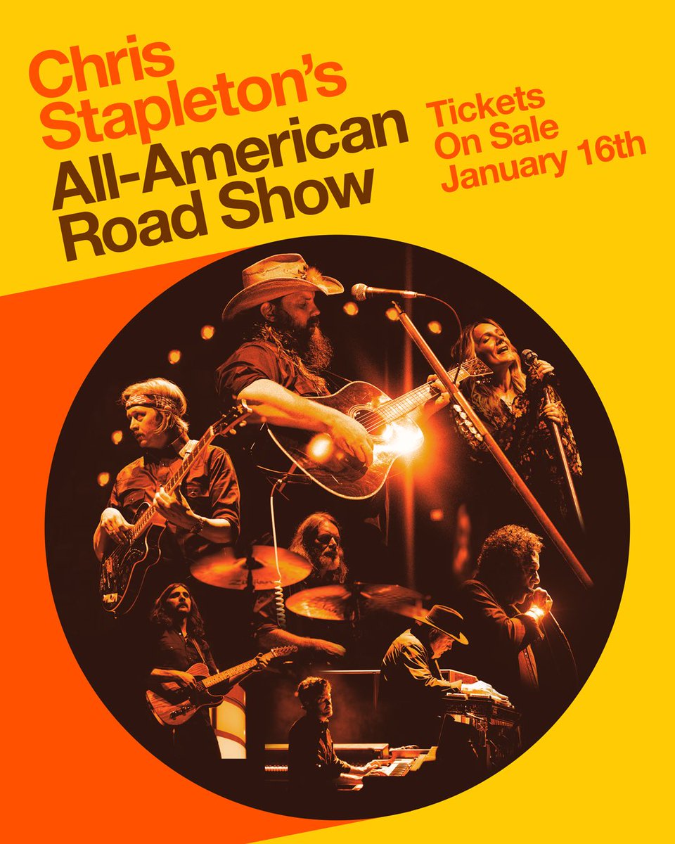 ChrisStapleton's tweet image. JUST ANNOUNCED: 2026 All-American Road Show dates. Tickets on sale Friday, January 16th. 

Sign up for exclusive pre-sale access at StapletonFanClub.com. Visit chrisstapleton.com/tour for VIP packages and more.