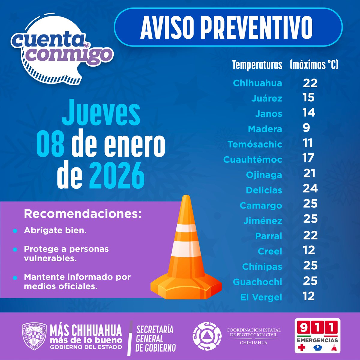 CEPC_Chih's tweet image. Jueves 8 | Chihuahua
Mañana fría a fresca y tarde templada a cálida; heladas en la sierra.
☁️ Cielo de parcialmente nublado a nublado.
💨 Vientos muy fuertes a intensos, con rachas severas en gran parte del estado.
⚠️ Tolvaneras y baja visibilidad en tramos carreteros