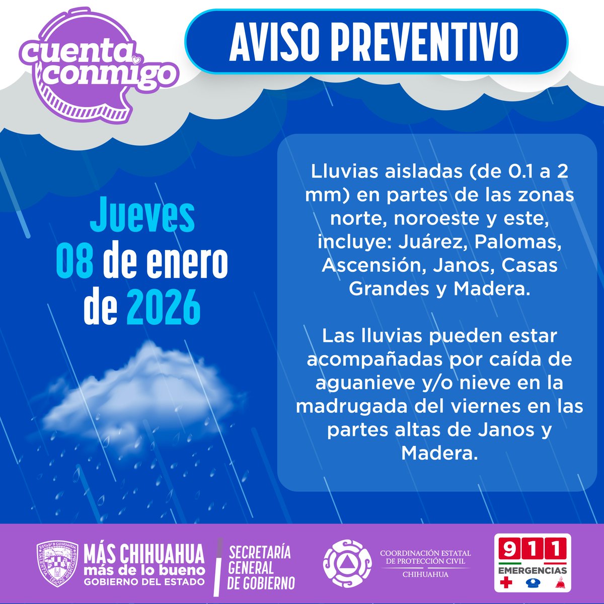 CEPC_Chih's tweet image. Jueves 8 | Chihuahua
Mañana fría a fresca y tarde templada a cálida; heladas en la sierra.
☁️ Cielo de parcialmente nublado a nublado.
💨 Vientos muy fuertes a intensos, con rachas severas en gran parte del estado.
⚠️ Tolvaneras y baja visibilidad en tramos carreteros