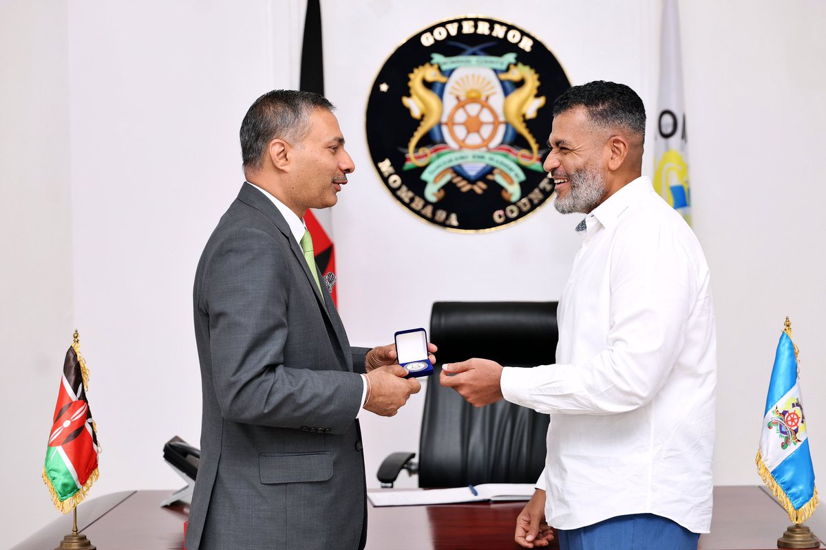 A_S_Nassir's tweet photo. I was pleased to host Dr. Adarsh Swaika, High Commissioner of India, for a courtesy call at my office in Mombasa.

Our discussions focused on deepening cooperation, recognising the significant Indian community that lives and works productively in Mombasa. To strengthen trade and tourism, I committed to pursue direct flights between Delhi / Mumbai and Mombasa to improve connectivity and unlock new commercial opportunities.

The High Commissioner was accompanied by Rama Kant Kumar, Assistant High Commissioner of India, Mombasa.
