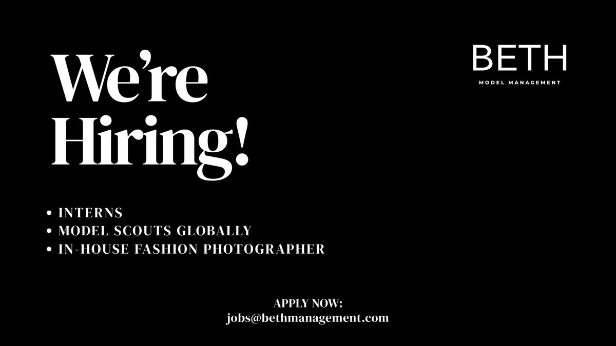 bethmodels_'s tweet image. We’re hiring!

• Interns
• Model Scouts (Africa, Uk, Italy &amp;amp; France)
• In-House Fashion Photographer

Apply now: jobs@bethmanagement.com