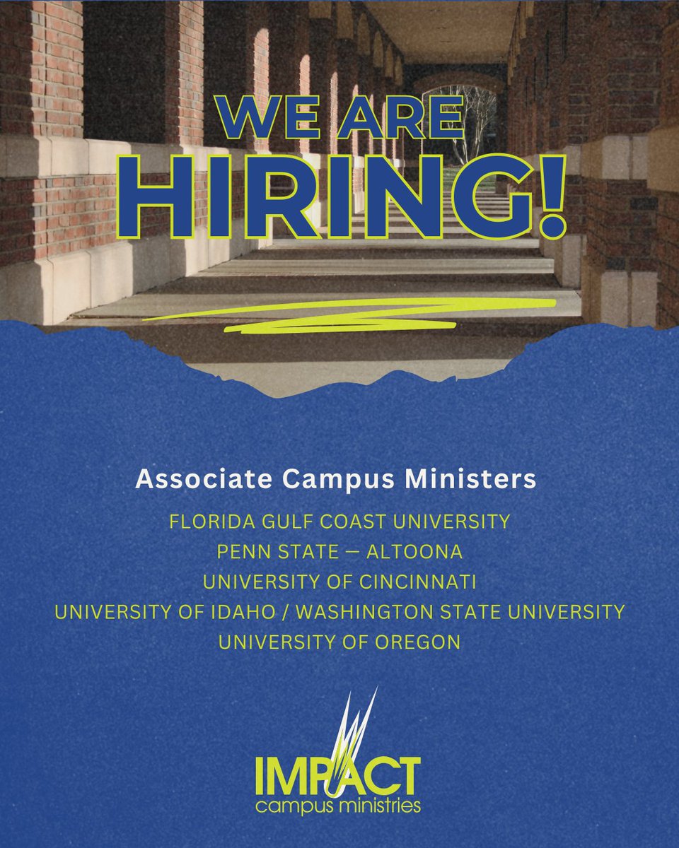 impacttheu's tweet photo. Impact Campus Ministries is hiring!

ICM is looking for multiple Associate Campus Ministers to join campus teams across the country. Are you interested in joining us in impacting the U, and the world?

Learn more at https://t.co/jbqg9VXzS1. https://t.co/SATu1Rncgp