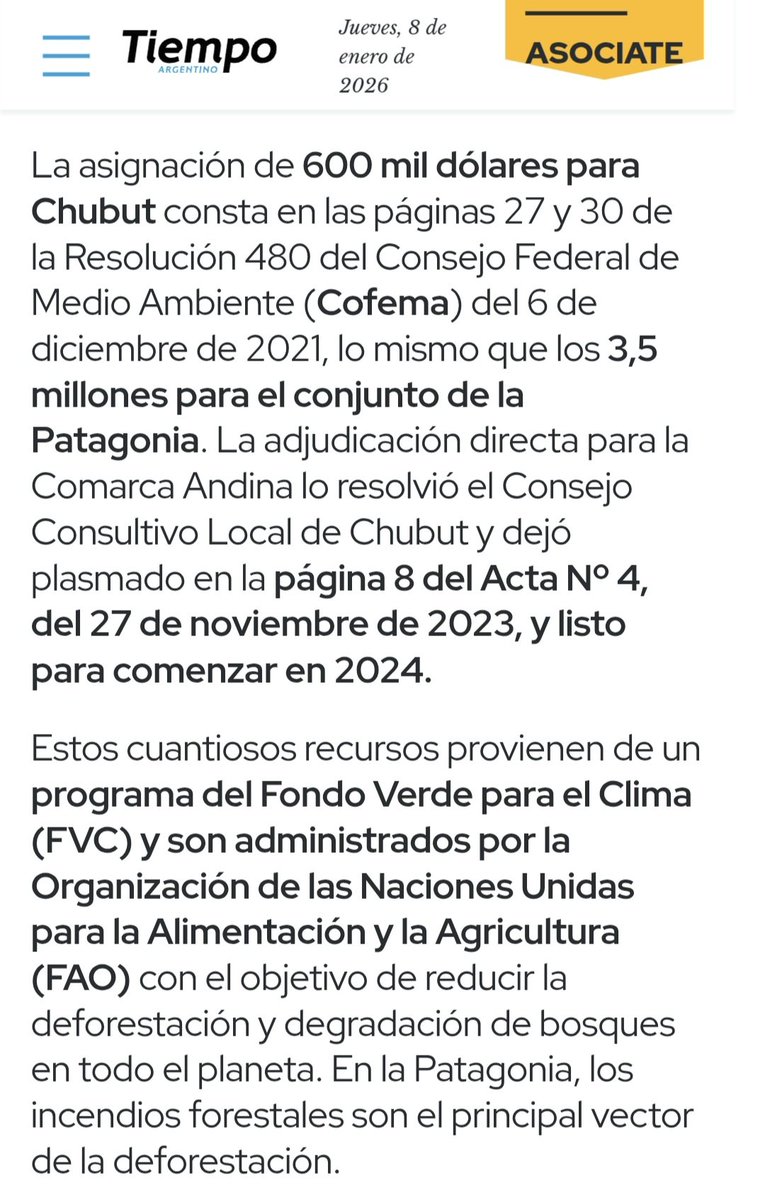 EL GOBERNADOR #NachoTorres MANTIENE.BLOQUEADOS MÁS DE 600 MIL DÓLARES PARA PROGRAMAS DE PREVENCIÓN DE INCENDIOS FORESTALES
La asignación de 600 mil dólares para #Chubut consta en las páginas 27 y 30 de la Resolución 480 del Conseio Federal de Medio Ambiente (Cofema) del 6/12/21