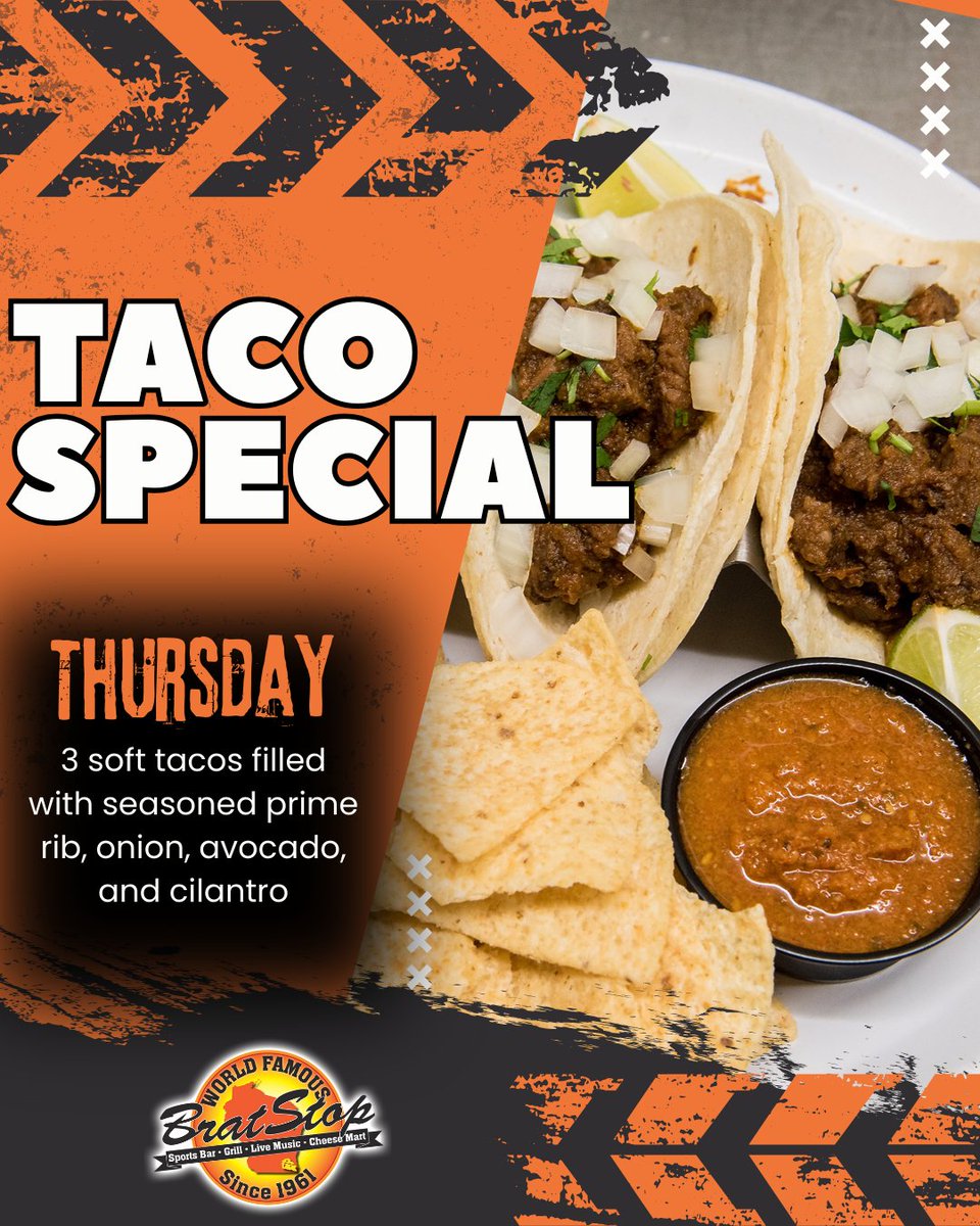 Thursdays taste better with tacos! Prime rib, onion, avocado, and cilantro in 3 soft tacos, plus homemade salsa &amp; chips 🌮🍴 #BratStopSpecials #TacoLovers #WisconsinEats