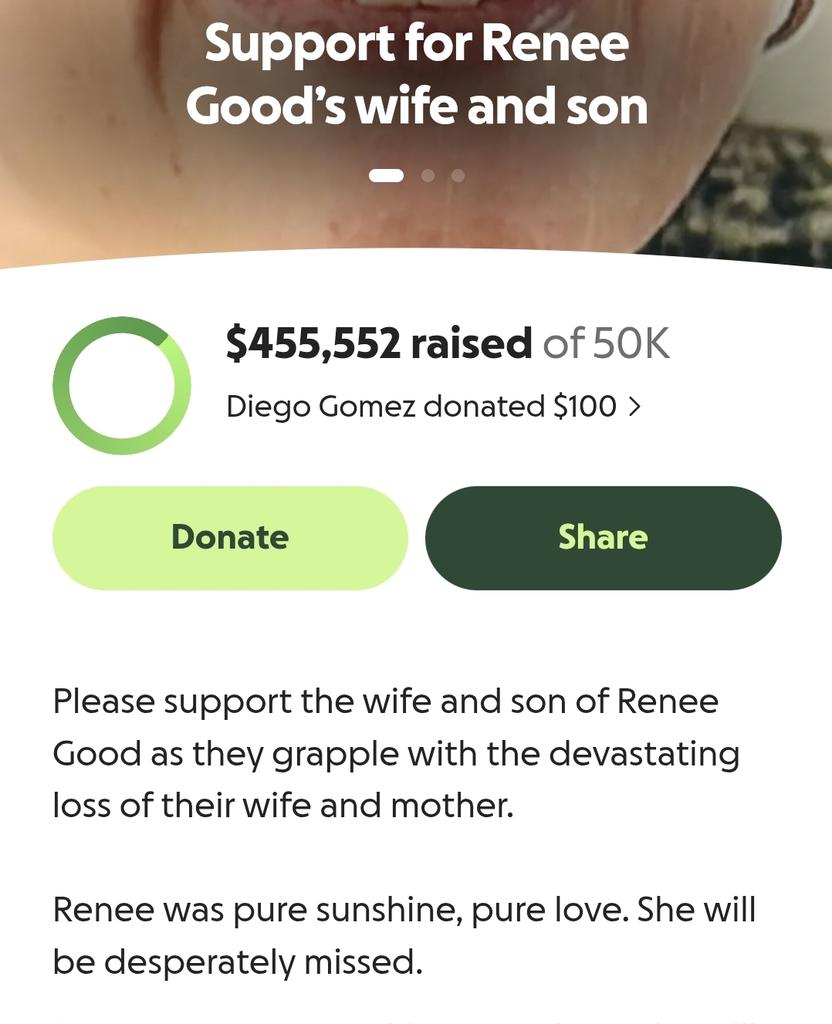 ‼️Родині пані, якій кінчений агент ICE в Міннеаполісі тричі вистрілив в голову, бо так йому захотілось, американці за кілька годин зібрали $500 000 замість запланованих 50 тисяч .

Це просто ляпас Трампу, Венсу і всьому іх організованому злочинному угрупуванню.