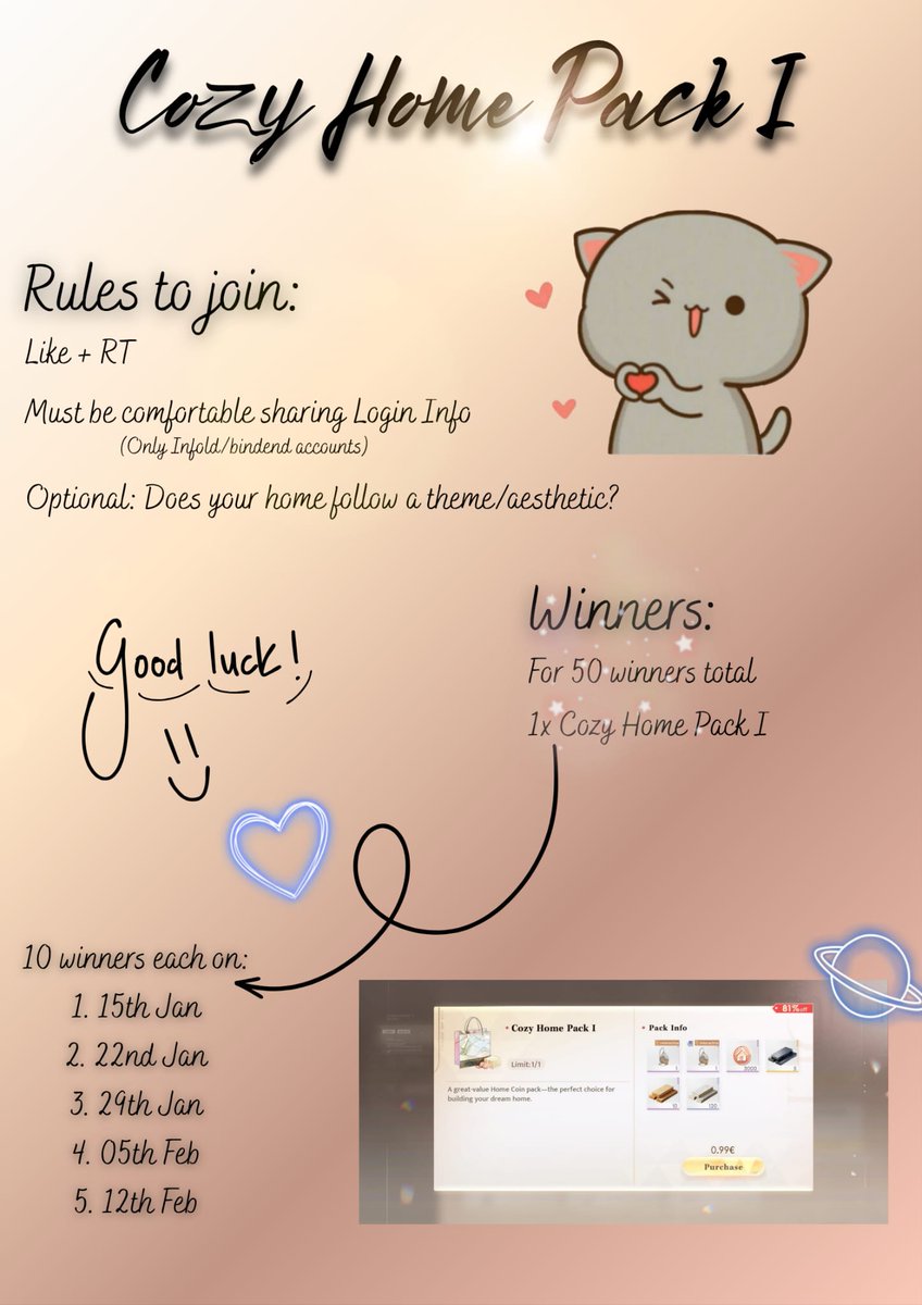 xaviescloud's tweet image. ･:*:｡Cozy Home Pack 1 I Giveaway･:*:･ﾟ

1x Cozy Home Pack I for 50 winners

Info in the picture belowજ⁀➴

Ends: Every week 10 winners starting;
15th Jan
22nd Jan
29th Jan
05th Feb
12th Feb

Good luck🍀🏠