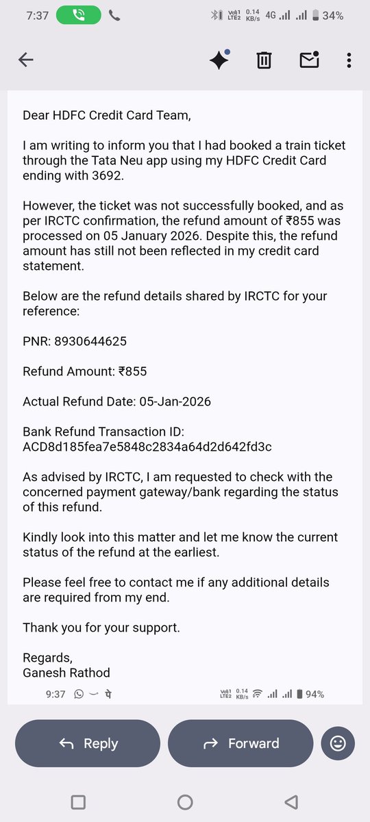 ganesh_8898's tweet image. I have already emailed your credit card team regarding a pending refund issue, but haven’t received any response yet. Kindly look into this and assist at the earliest. #RefundIssue #HDFCCreditCard @HDFCBank_Cares @HDFC_Bank