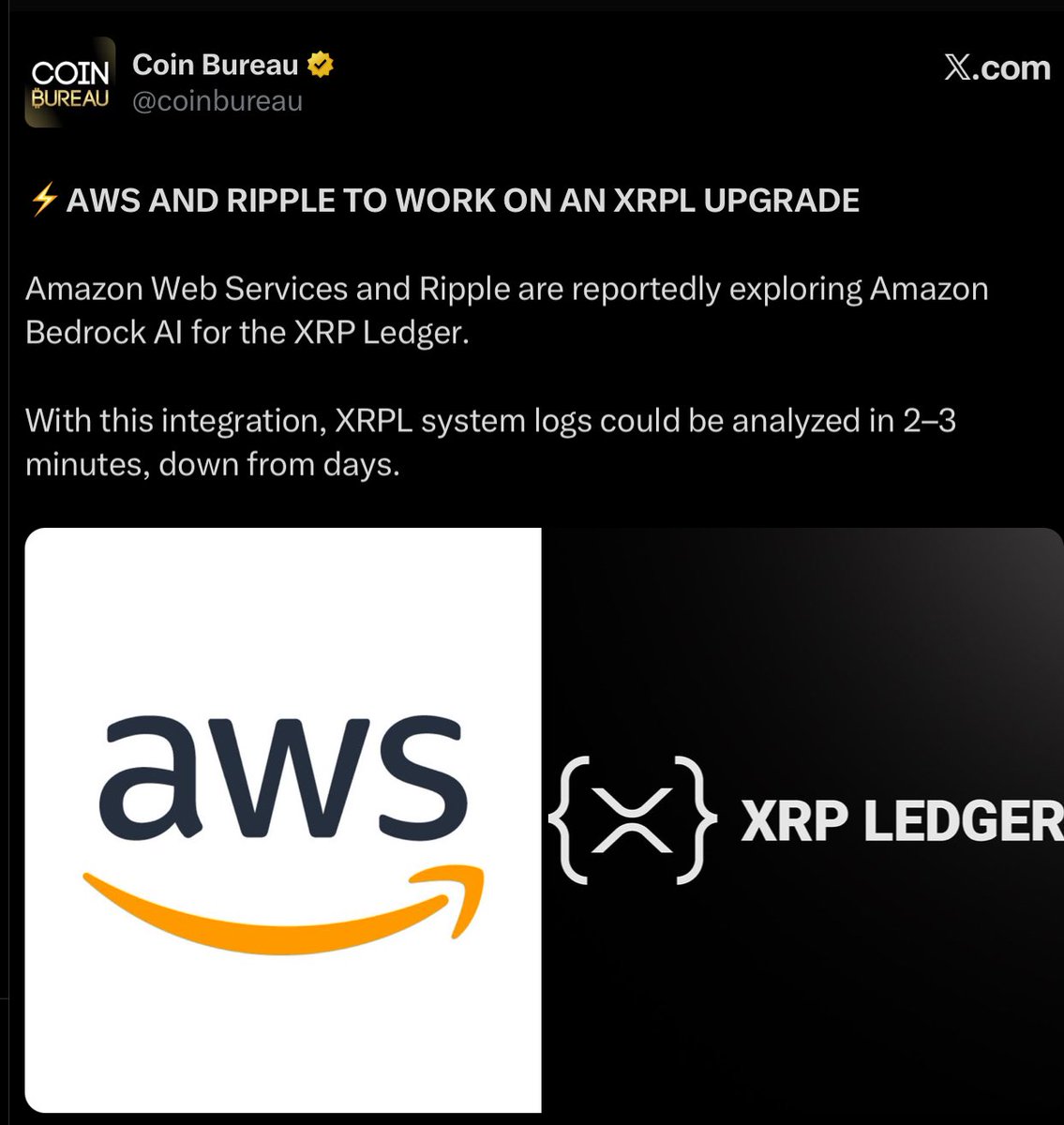社区消息称亚马逊云服务（AWS）和Ripple 可能正在探索将Amazon Bedrock AI 服务集成到XRP Ledger（XRPL）生态系统中。