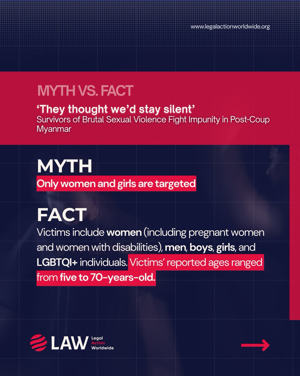 Our new research on conflict-related sexual violence in post-coup #Myanmar debunks some dangerous myths. See the full thread to learn more. 🧵
🔗 Full report – lnkd.in/gdvP3UWi

#EndCRSVinMyanmar