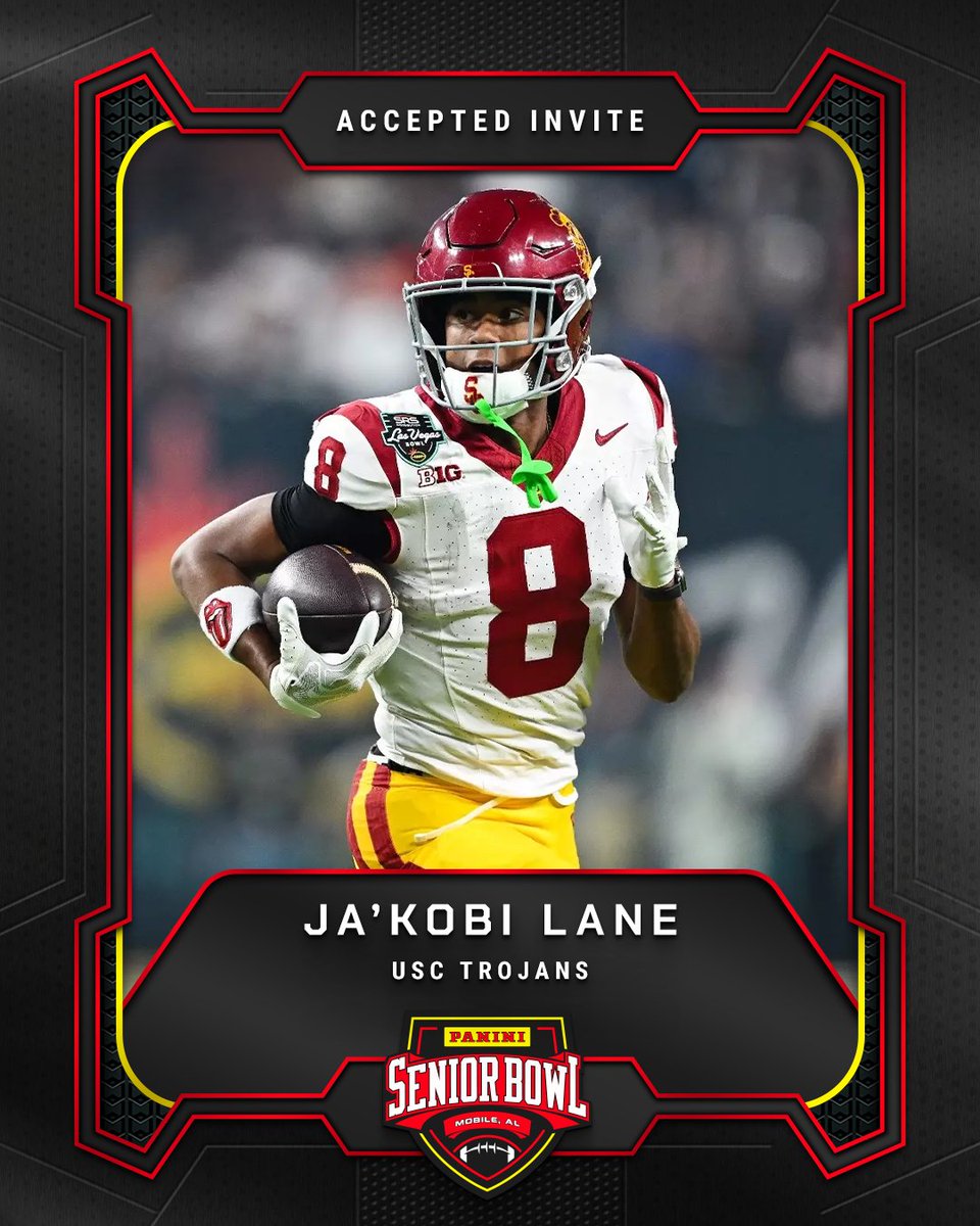 seniorbowl's tweet image. Officially Accepted!

WR Ja’Kobi Lane (@cantGuardJak1) from @uscfb is headed to the 2026 Panini Senior Bowl 🔥

#TheDraftStartsInMobile #WherePlayersPlay