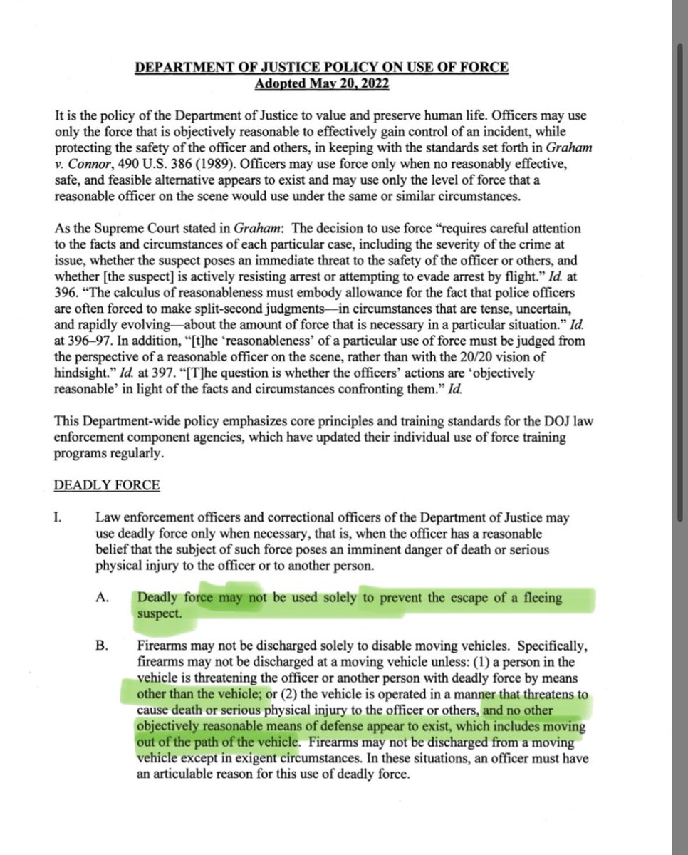 Angry_Staffer's tweet image. DOJ use of force policy. 

He broke the law and murdered a US citizen. Full stop.