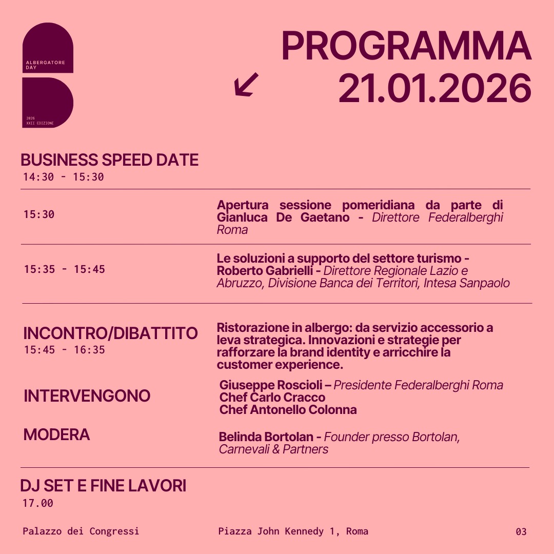 📅 Mercoledì 21 gennaio torna uno degli appuntamenti più attesi del settore alberghiero: la XXII edizione dell’Albergatore Day, presso il Palazzo dei Congressi.

👉 Consulta il programma dei lavori!

🎟LINK DIRETTO PER L'ACCREDITO
platform.eventboost.com/e/ad-2026/4503…