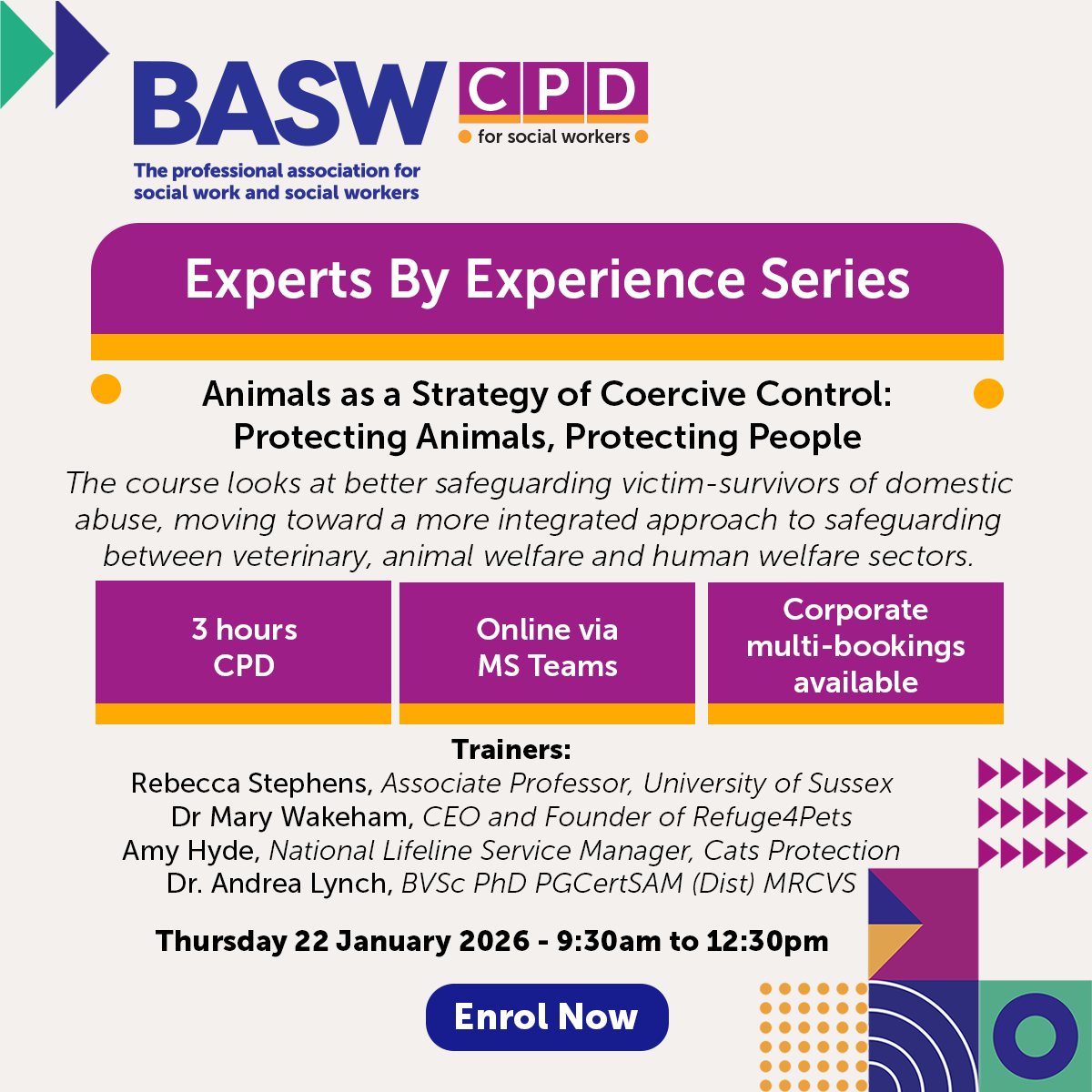 BASW_UK's tweet photo. Animals as a Strategy of Coercive Control explores how harm to animals is used to control and threaten people – and why this must be addressed in practice.

🗓 22 January 2026 | 💻 Online
🎟 Book individual sessions or attend the full series

Learn more 👉 https://t.co/WT5EhwsPXw https://t.co/jYjpPuWhAF