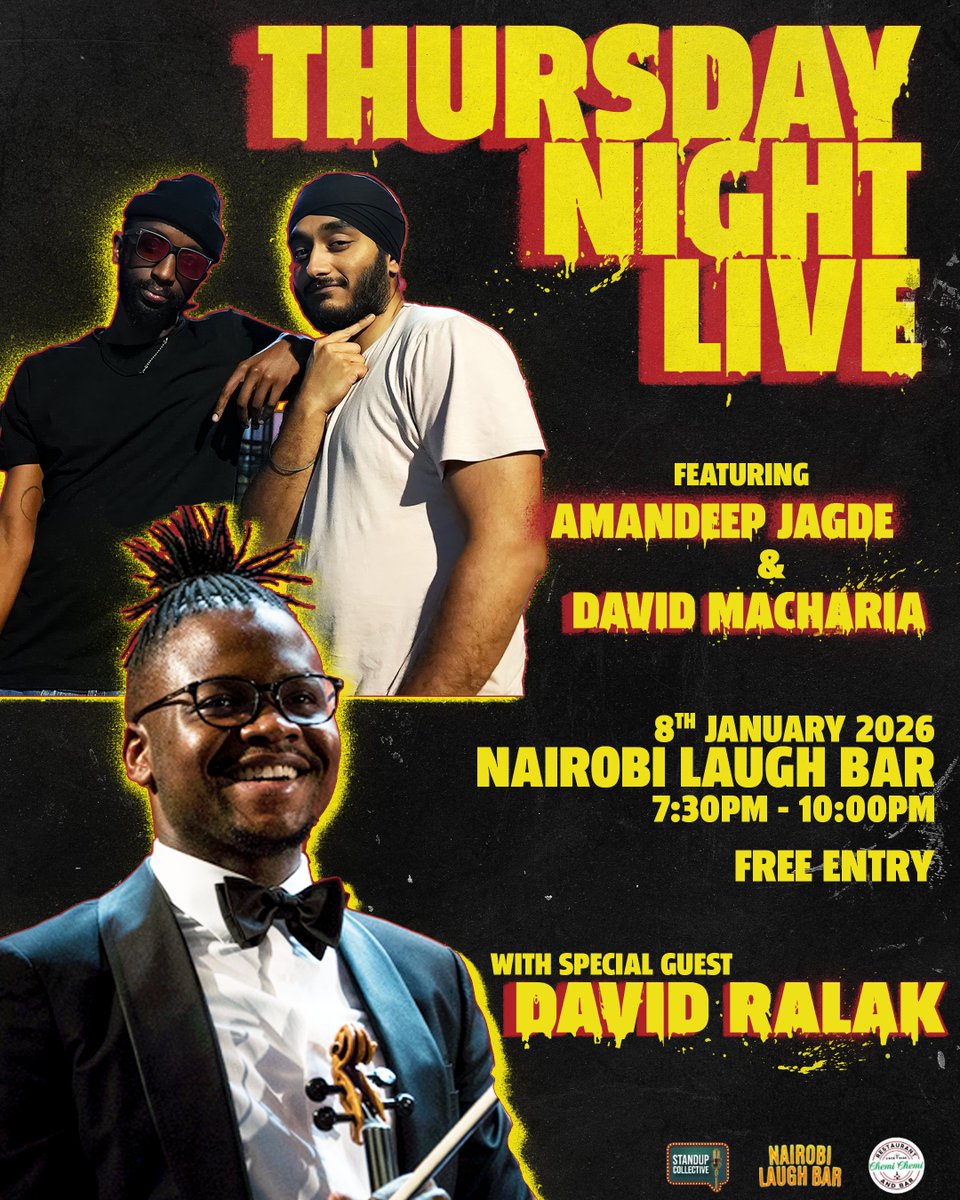 #NairobiComedy #LAVINGTON

Fearless comedy, bold talent &amp; sharp talk
Hosted by <a href="/DavidMachariaII/">David Macharia</a>  &amp; <a href="/AmandeepJagde/">Amandeep Jagde</a> + special guest David Ralak 🎻  

🗓️ Jan 8, 2026
⏰ 7:30PM – 10:30PM
📍 Nairobi Laugh Bar  
🎟️ Free Entry

Come laugh. Leave legendary.  
#ThursdayVibes #SherehePlug