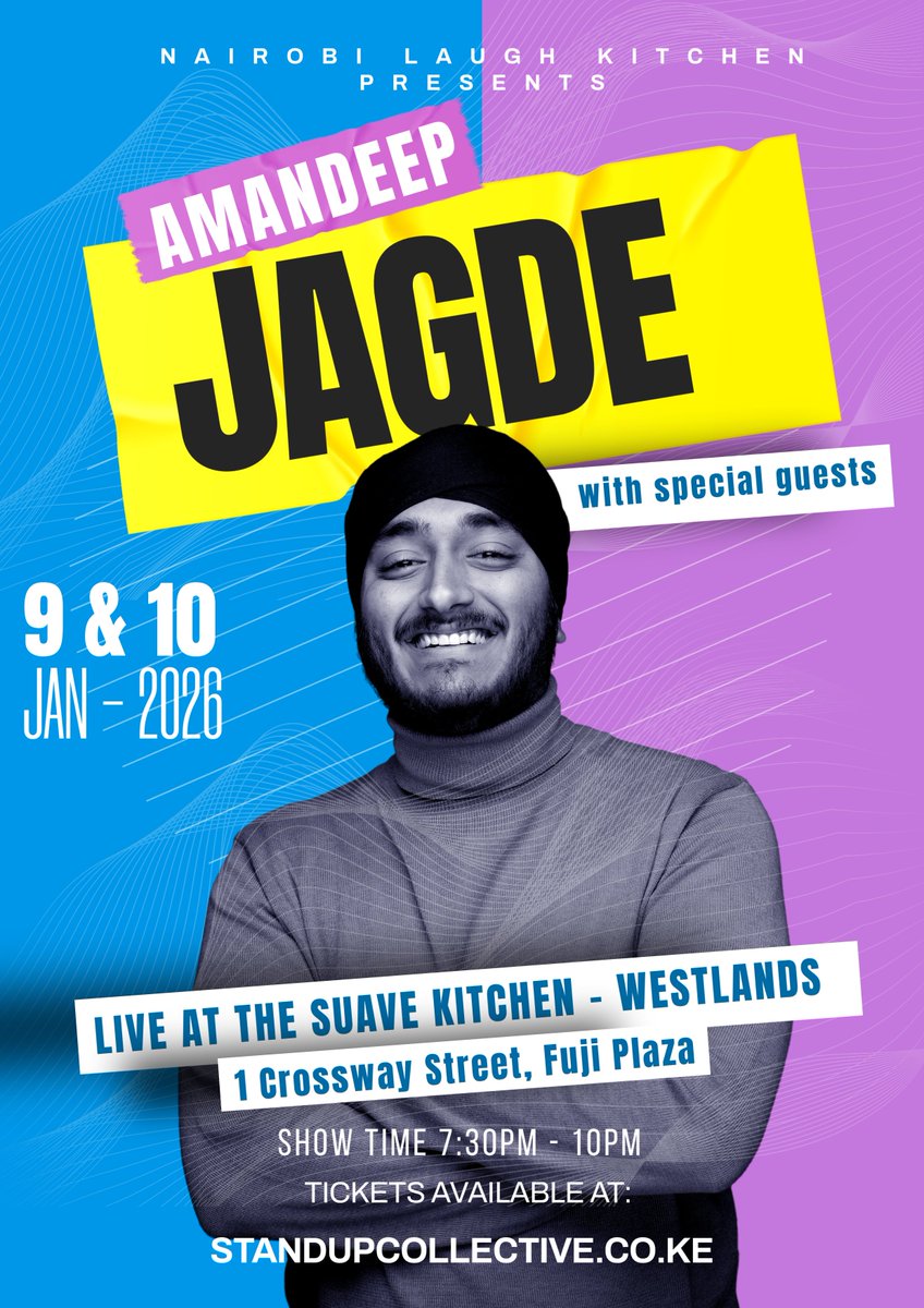 #NairobiComedy  

Laugh till it hurts as <a href="/AmandeepJagde/">Amandeep Jagde</a>  brings the heat to town, jokes, energy &amp; punchlines for days.  

🗓️ Jan 9 &amp; 10, 2026
⏰ 7:30PM – 10PM
📍 The Suave Kitchen, #Westlands
🎟️ standupcollective.co.ke

Seats are flying, lock yours in!  
 #StandUpKE #SherehePlug