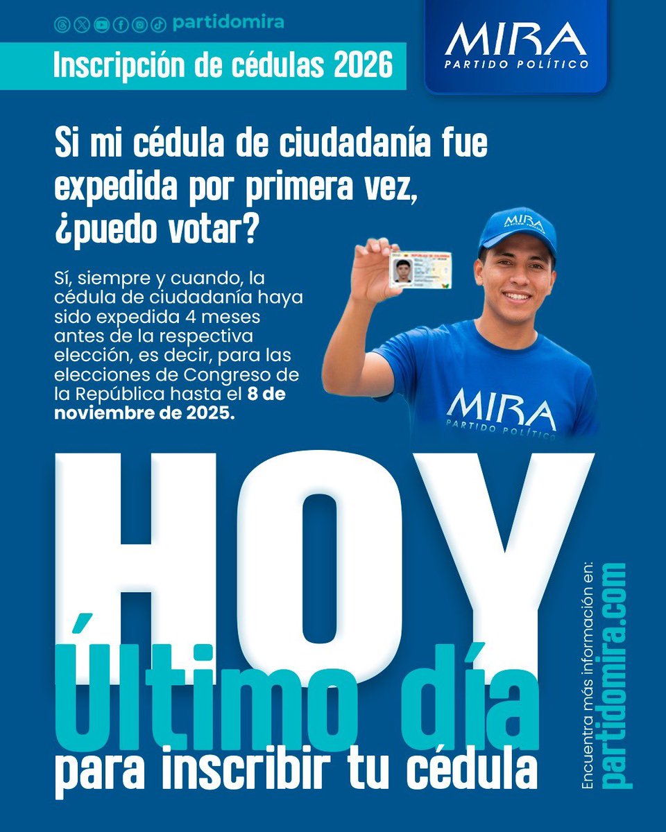 🚨 ¡ATENCIÓN! Últimas horas para inscribir tu cédula. 🚨

Hoy es la última oportunidad para inscribirte o cambiar tu puesto de votación de forma presencial. 💳 

✅ Todo lo que necesitas saber (paso a paso): 👉 partidomira.com/inscripcion_de…

📍 Consulta aquí los puntos habilitados hoy: